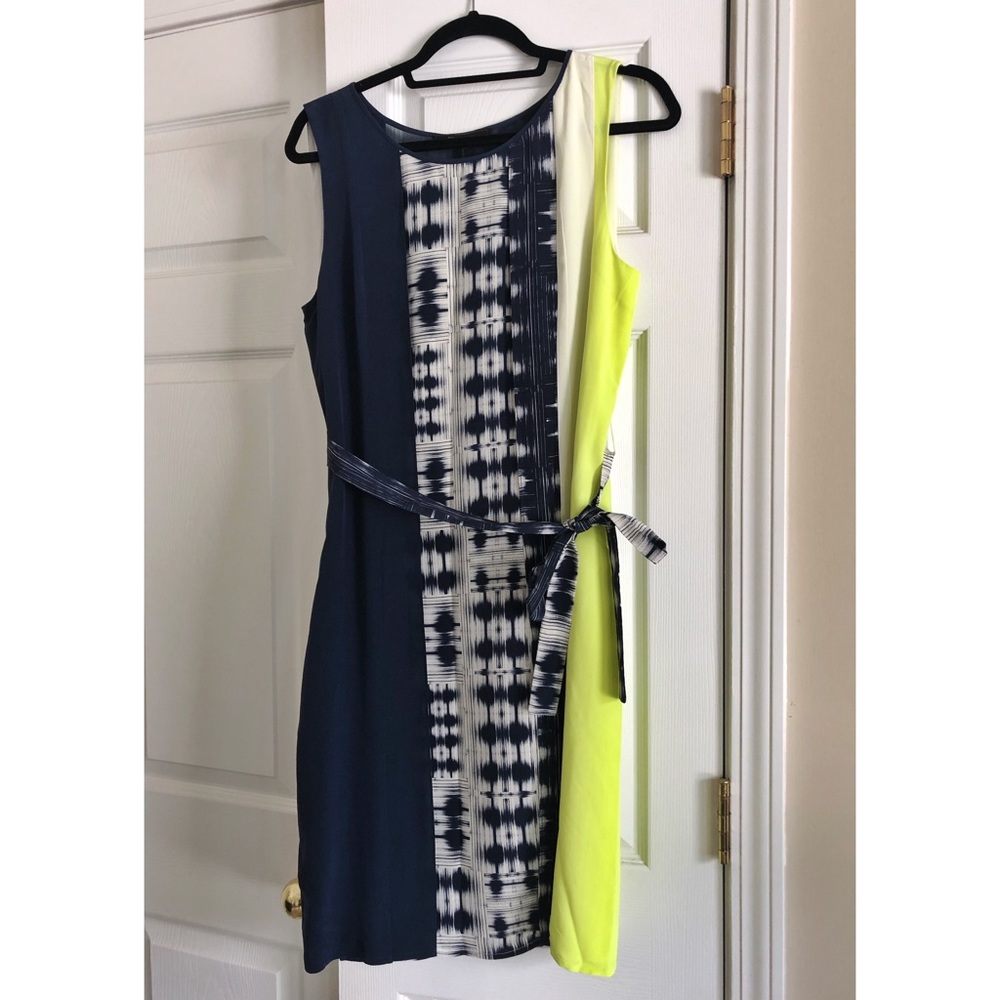 Navy ikat and neon yellow silk dress